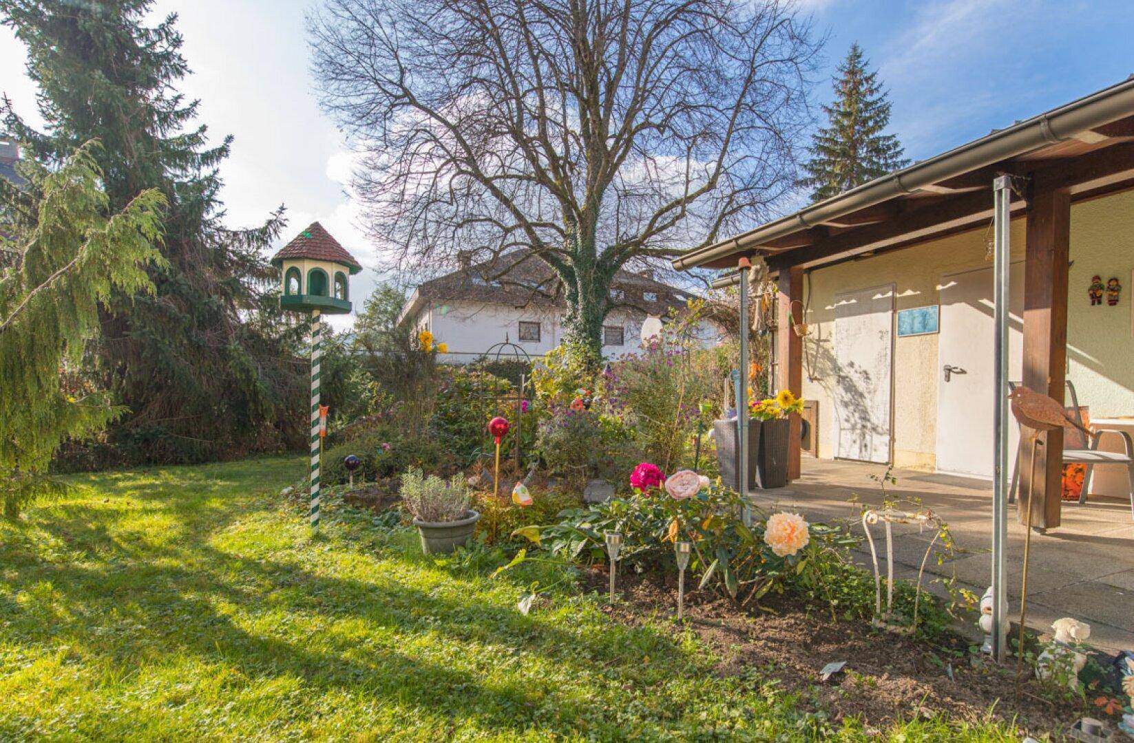 Sonnige Gartenecke mit blühenden Pflanzen, Rasenfläche und überdachtem Terrassenbereich.