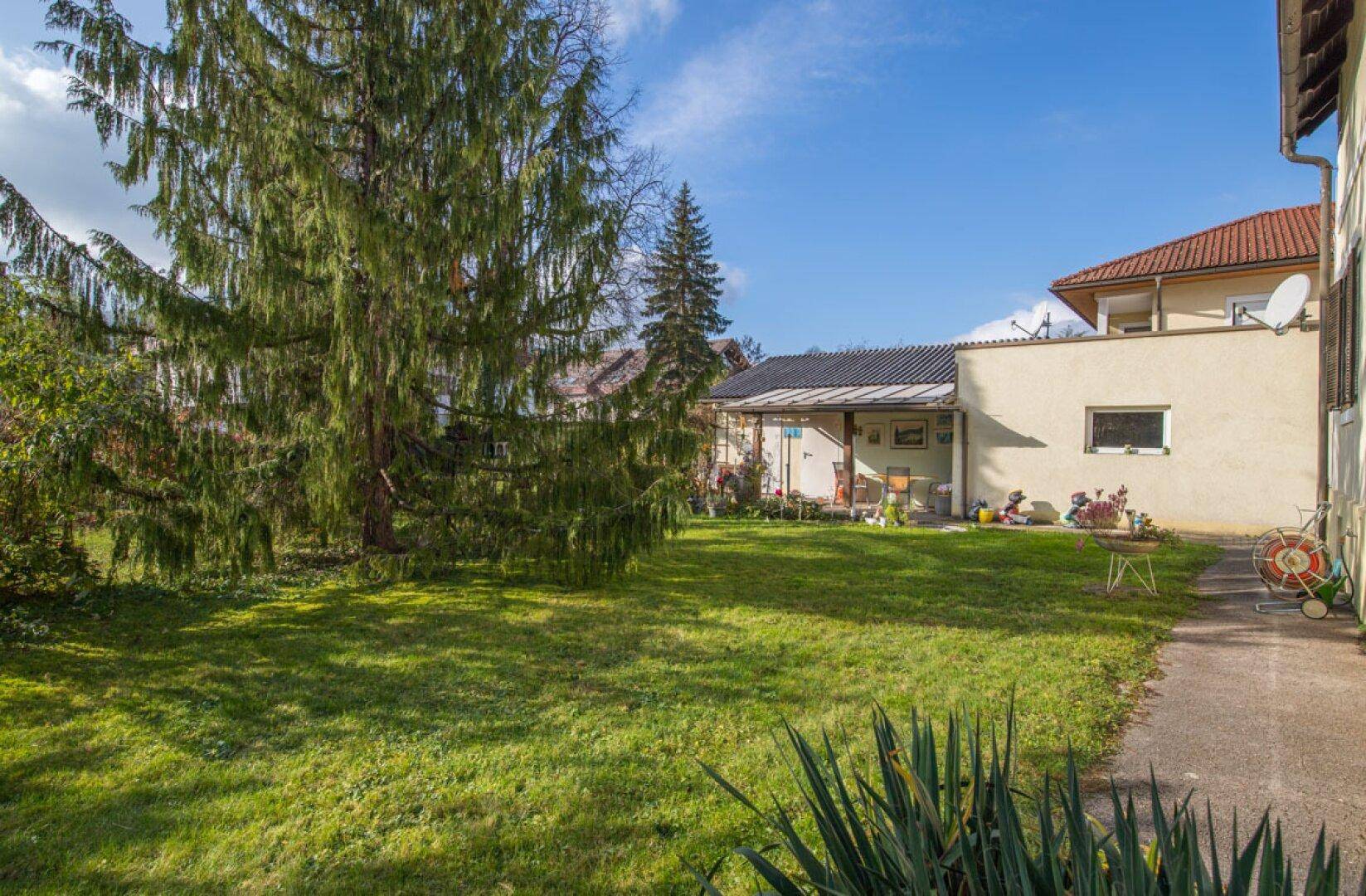 Weitläufiger Rasenbereich mit hohen Bäumen und Blick auf das Hauptgebäude im Hintergrund.