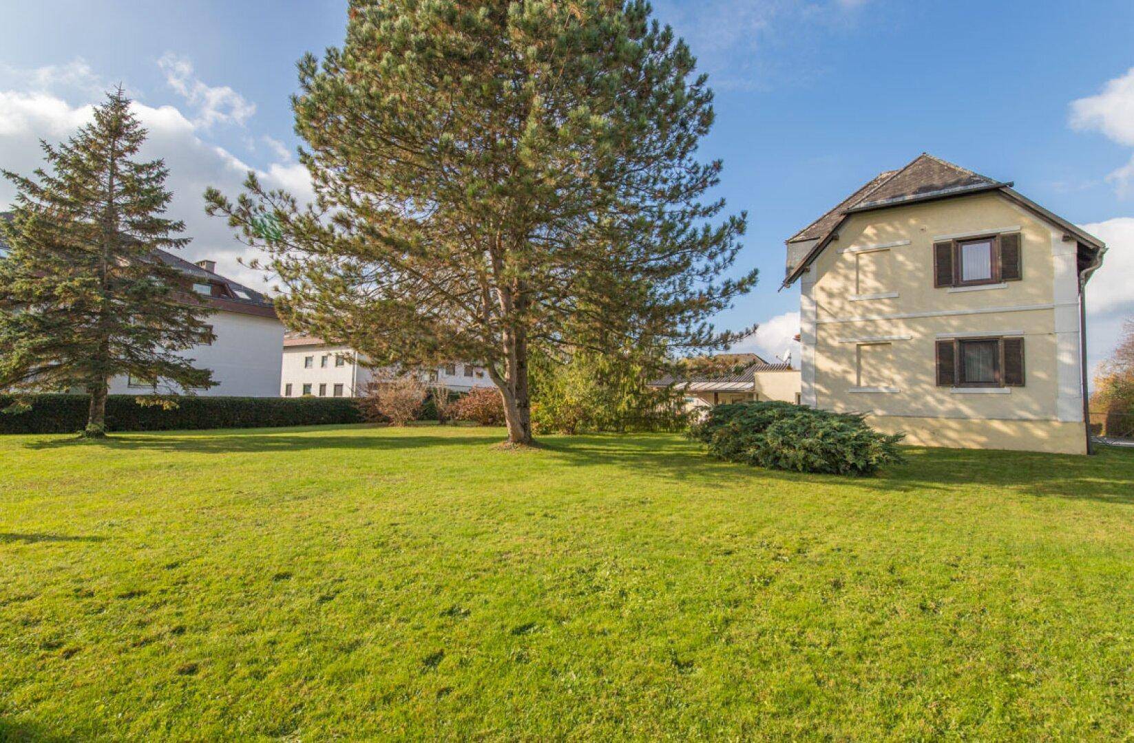 Weitläufiger Garten mit Rasenfläche, Bäumen und Blick auf die Hausfassade.