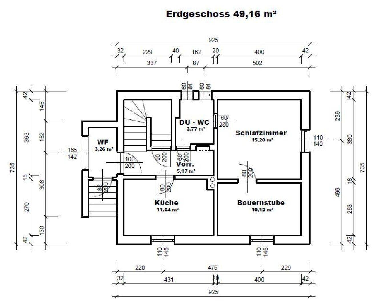 Grundriss des Obergeschosses mit Schlafzimmer, Gästezimmer und Bad mit WC.