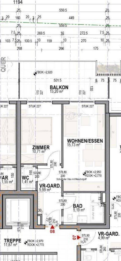 Grundriss einer Wohnung mit offenem Wohn-Essbereich, separatem Zimmer, Bad, Gäste-WC und Balkon.