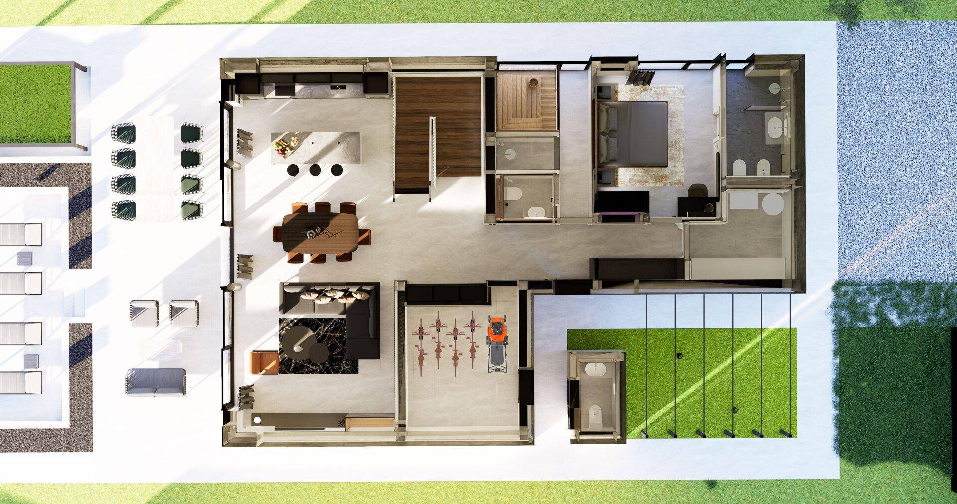 Grundriss des Erdgeschosses mit offenem Wohnbereich, Küche, Esszimmer und einem Schlafzimmer.