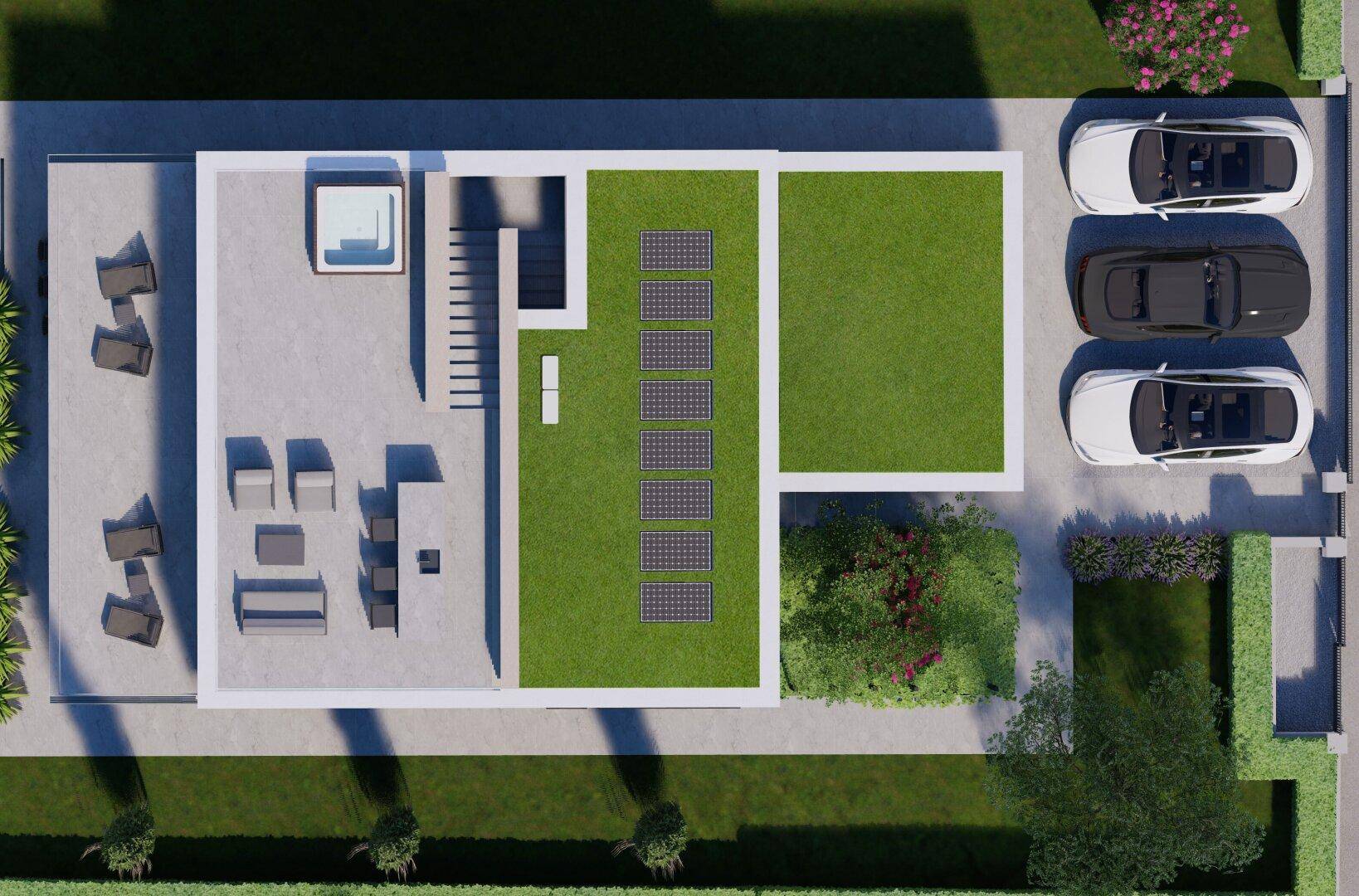 Grundriss der Dachterrasse mit Whirlpool, Außenküche und Solarpaneelen.