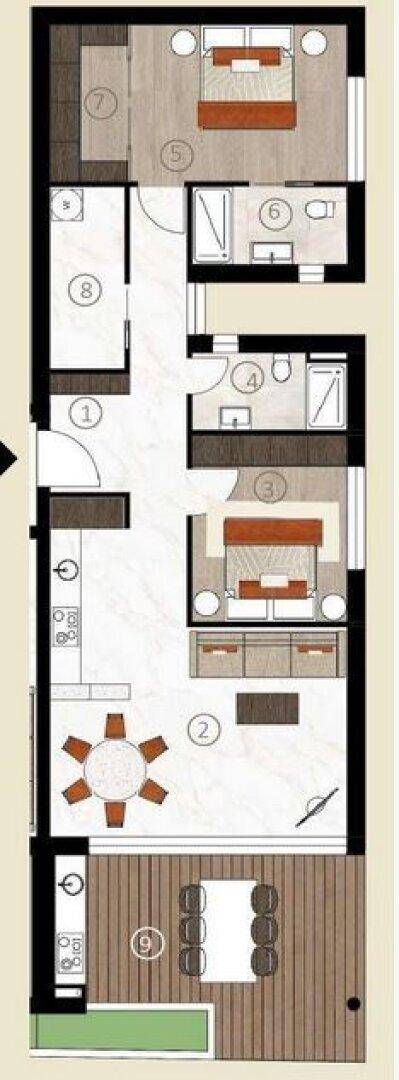 Grundriss einer Wohnung mit zwei Schlafzimmern, offenem Wohnbereich und großer Terrasse.
