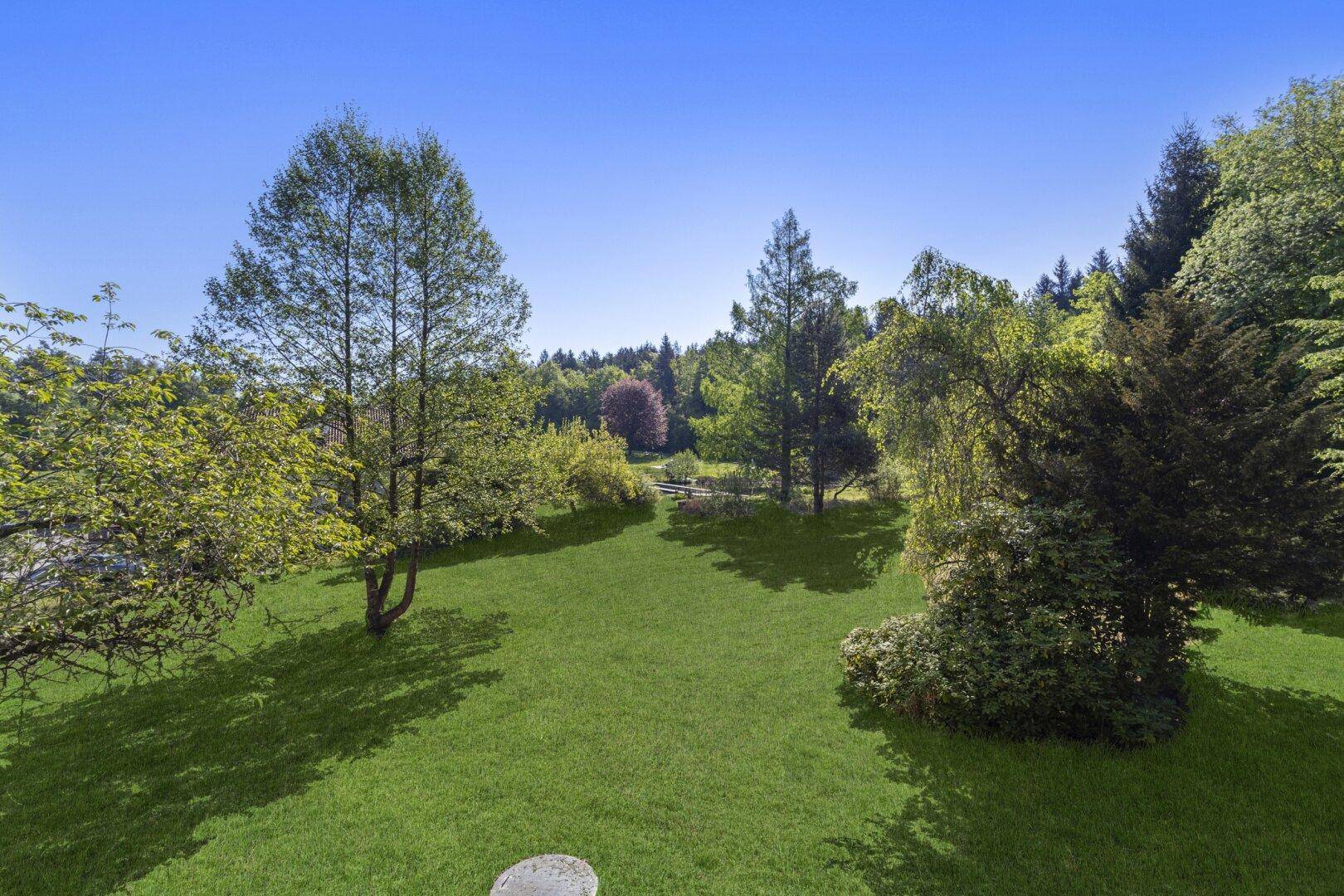 Weitläufiger Gartenbereich mit Rasenflächen und Bäumen, gesehen von einem erhöhten Standpunkt.