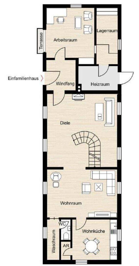 Grundriss des Erdgeschosses mit offener Wohnküche, Wohnbereich und Terrasse.