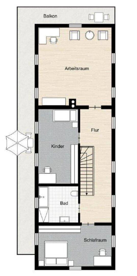Grundriss des Obergeschosses mit Schlafzimmer, Kinderzimmer, Bad und Balkon.