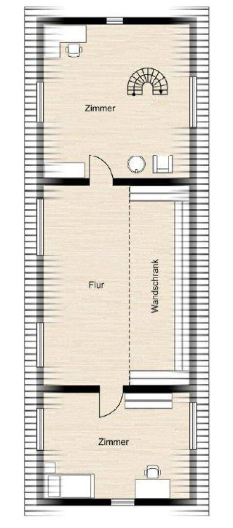 Grundriss des Dachgeschosses mit zwei Zimmern, Flur und integriertem Wandschrank.