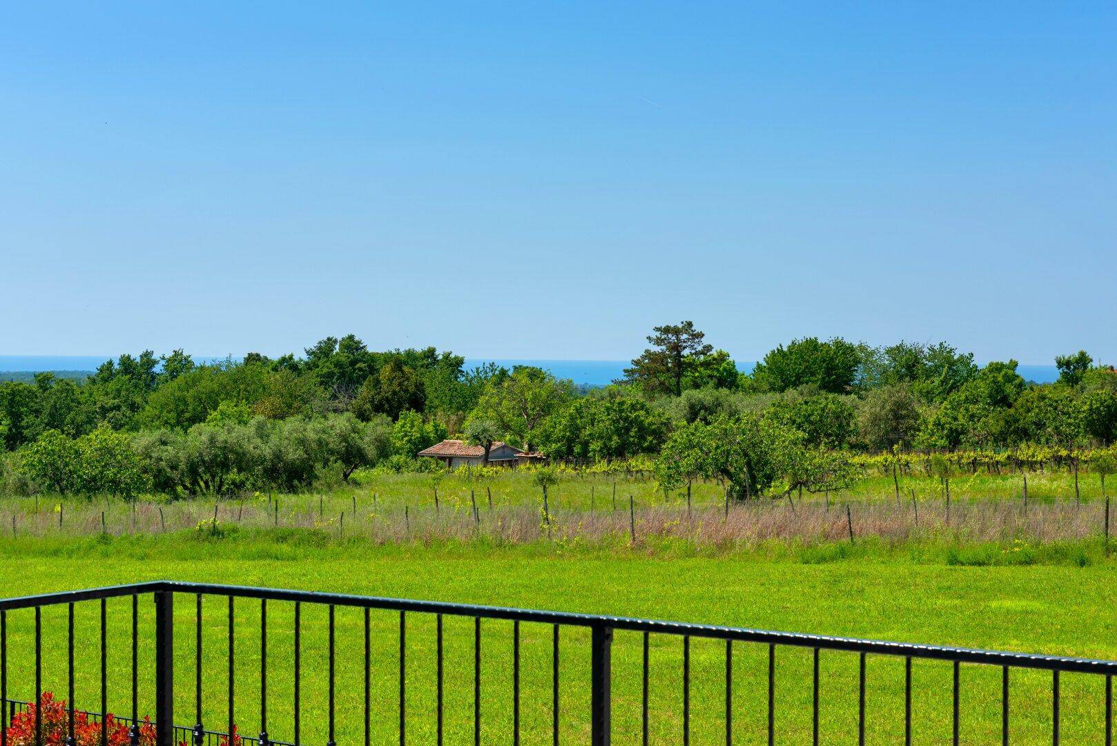 Panoramablick von der Terrasse über grüne Felder, Bäume und das ferne Meer am Horizont.