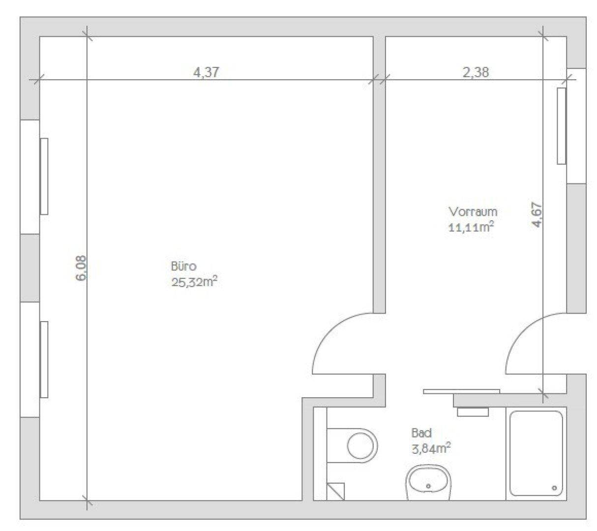 Grundriss zeigt ein Büro, einen Vorraum und ein Badezimmer mit genauen Abmessungen.