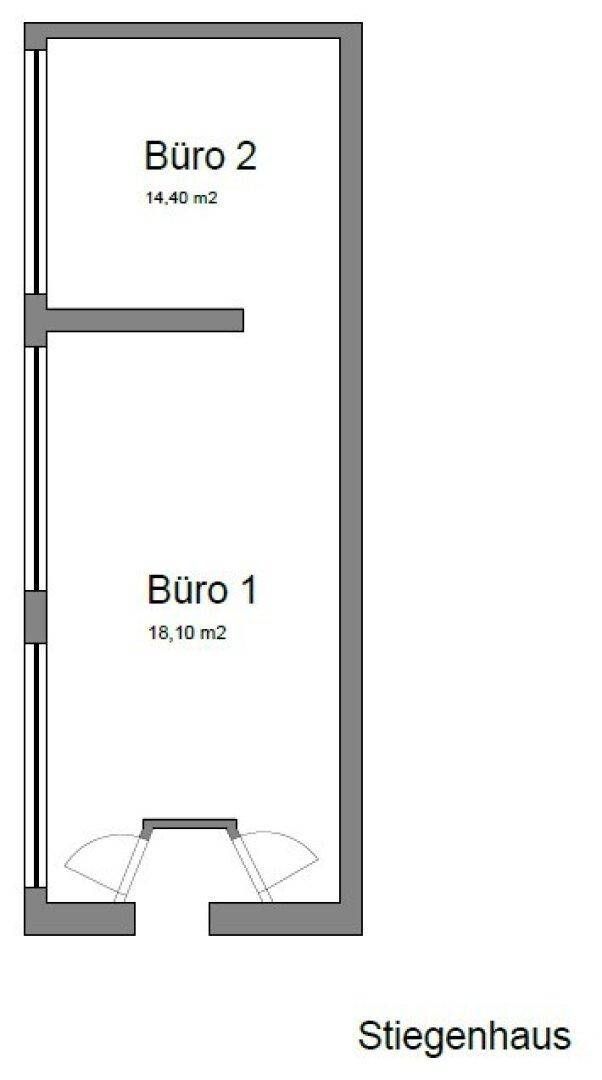 Grundriss zeigt zwei separate Büroräume mit Flächenangaben und Zugang zum Treppenhaus.