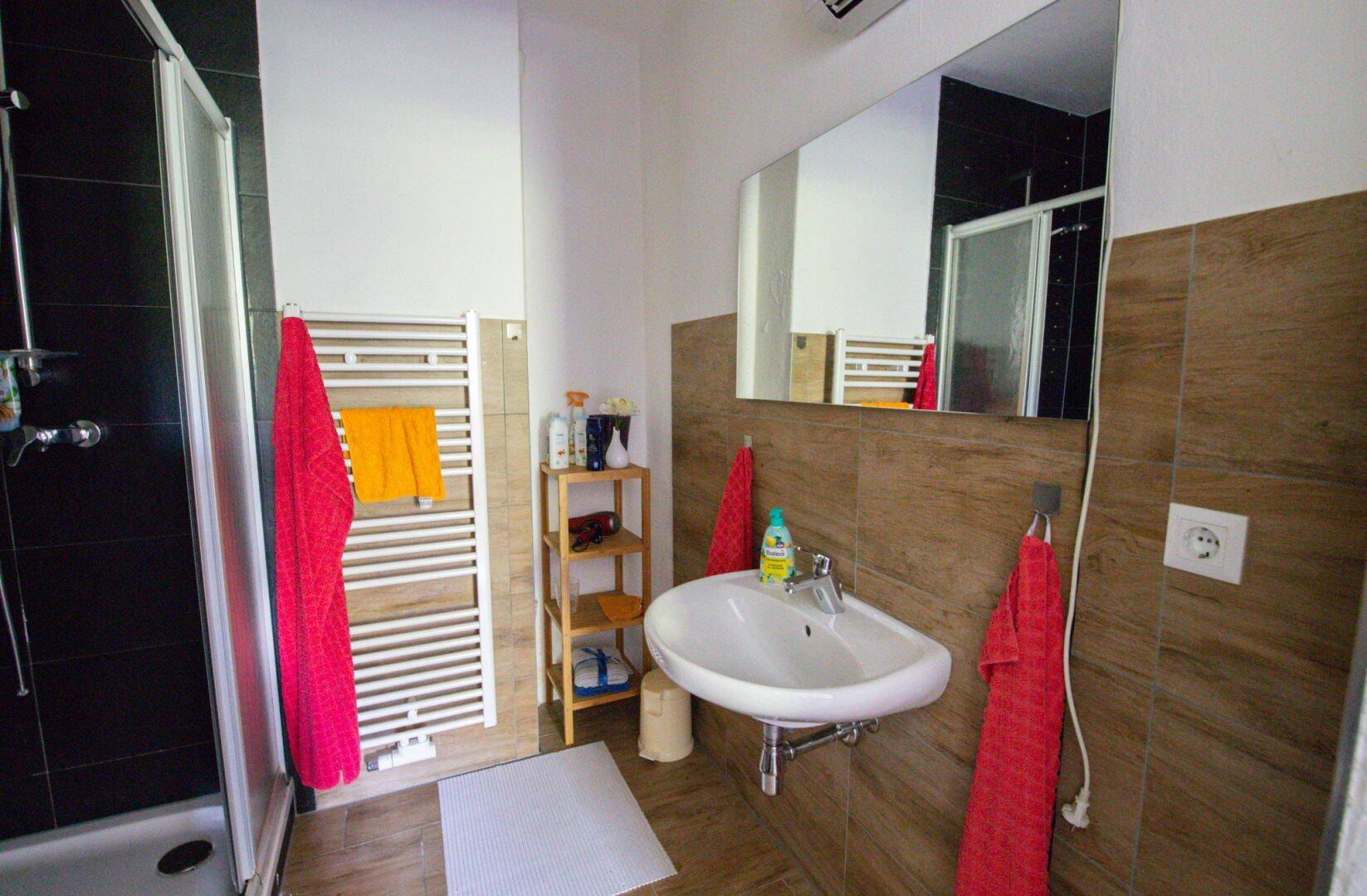 Badezimmer mit Duschkabine, Einzelwaschbecken und beheiztem Handtuchhalter.