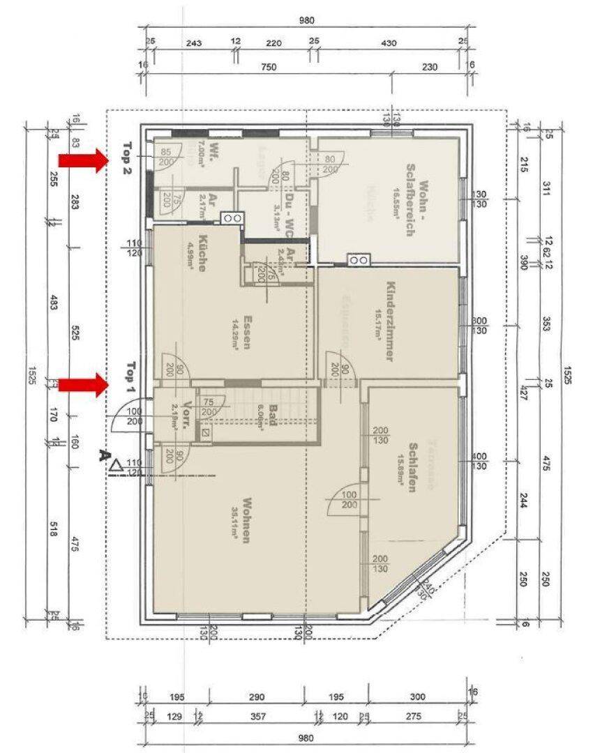 Grundriss einer Wohnung mit Wohn-Schlafbereich, Kinderzimmer, Küche und separatem Wohnzimmer.
