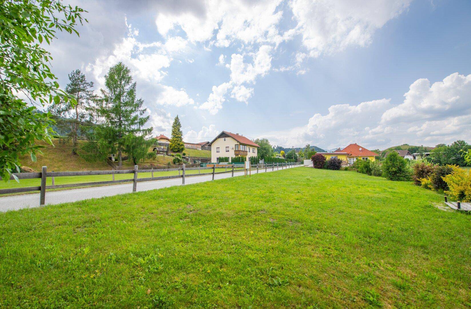 Weitläufige grüne Wiese mit Landstraße, Holzzaun und Häusern am Horizont.