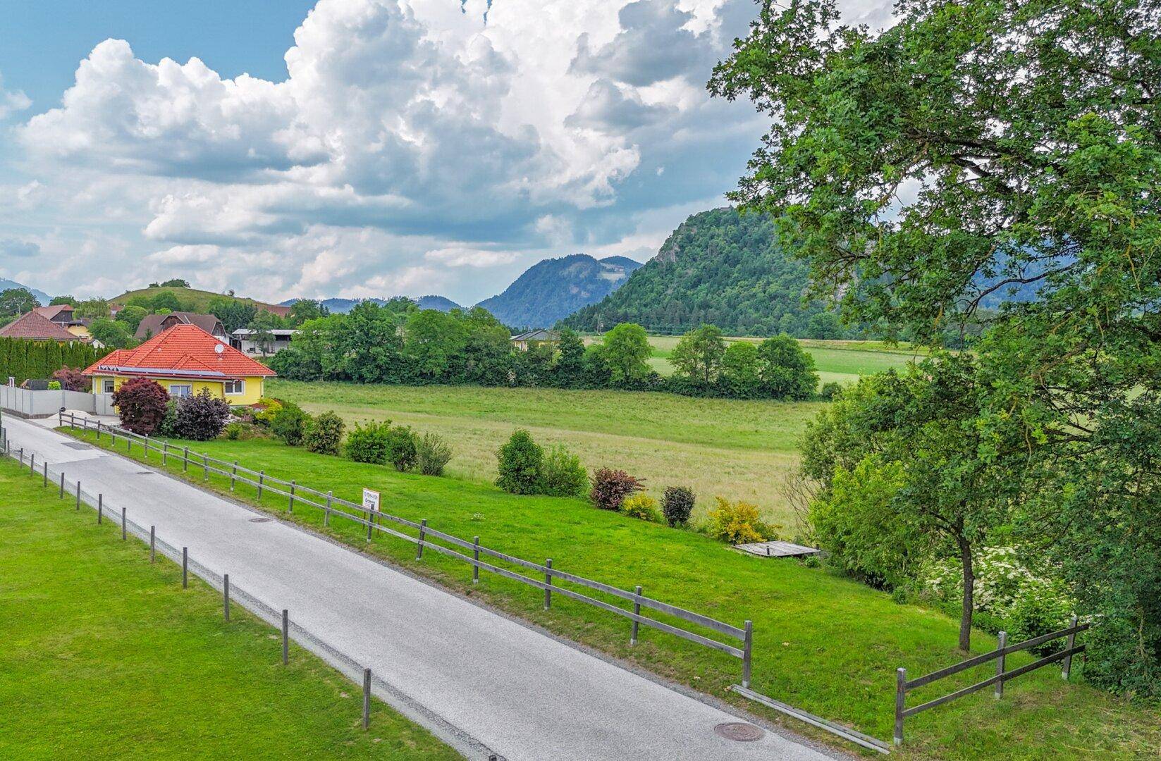 Panoramablick auf eine ländliche Straße, Häuser, grüne Felder und majestätische Berge.