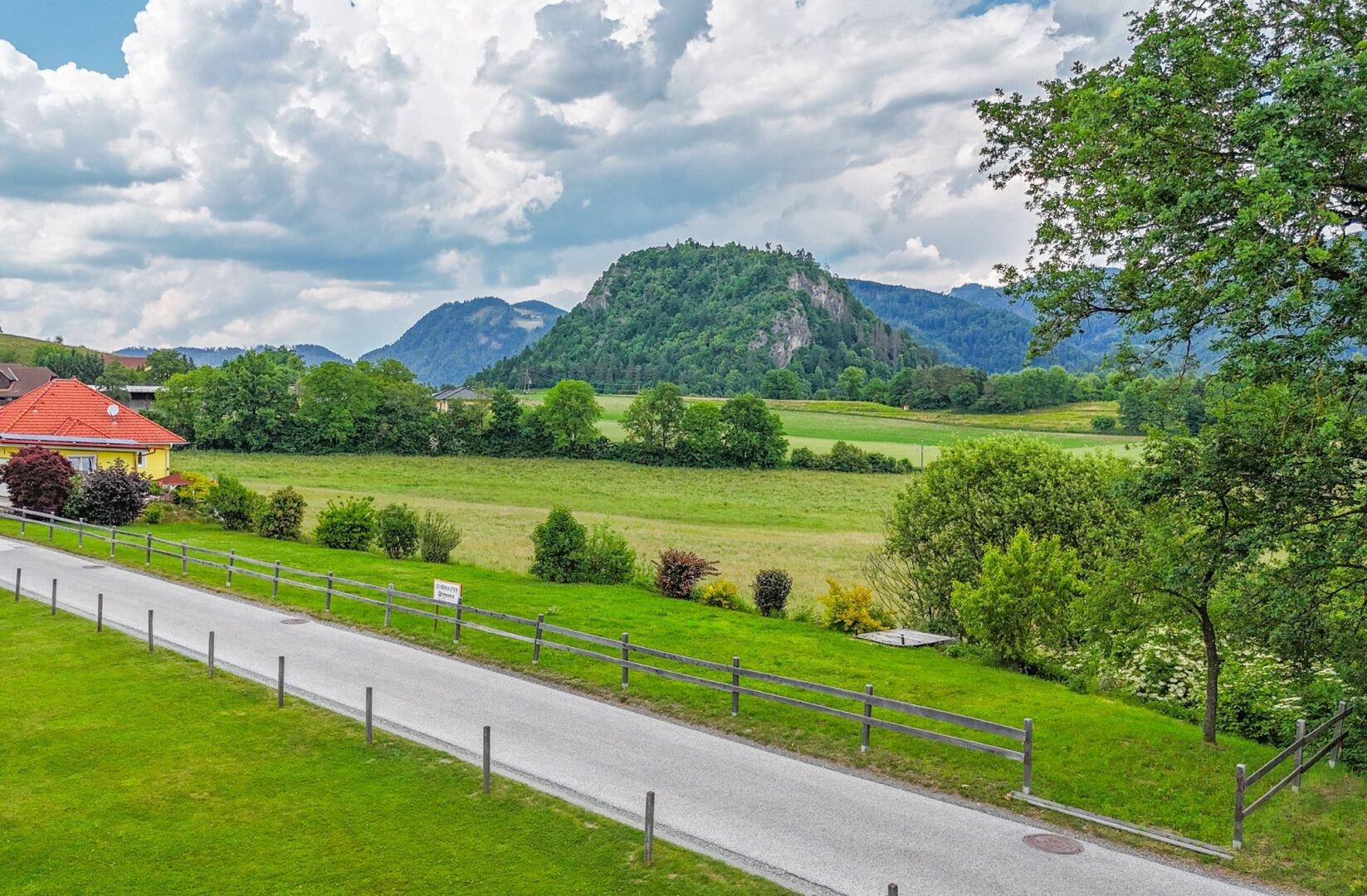 Weitblick über eine Landstraße, Häuser, grüne Wiesen und die umliegende Berglandschaft.
