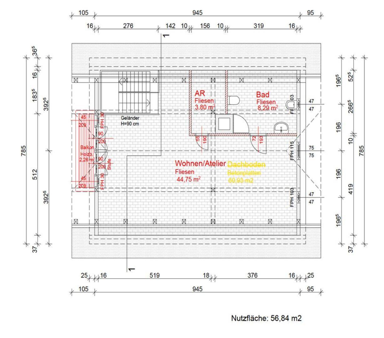 Grundriss des Dachgeschosses mit Wohn-/Atelierbereich, Bad, Abstellraum und Balkon.