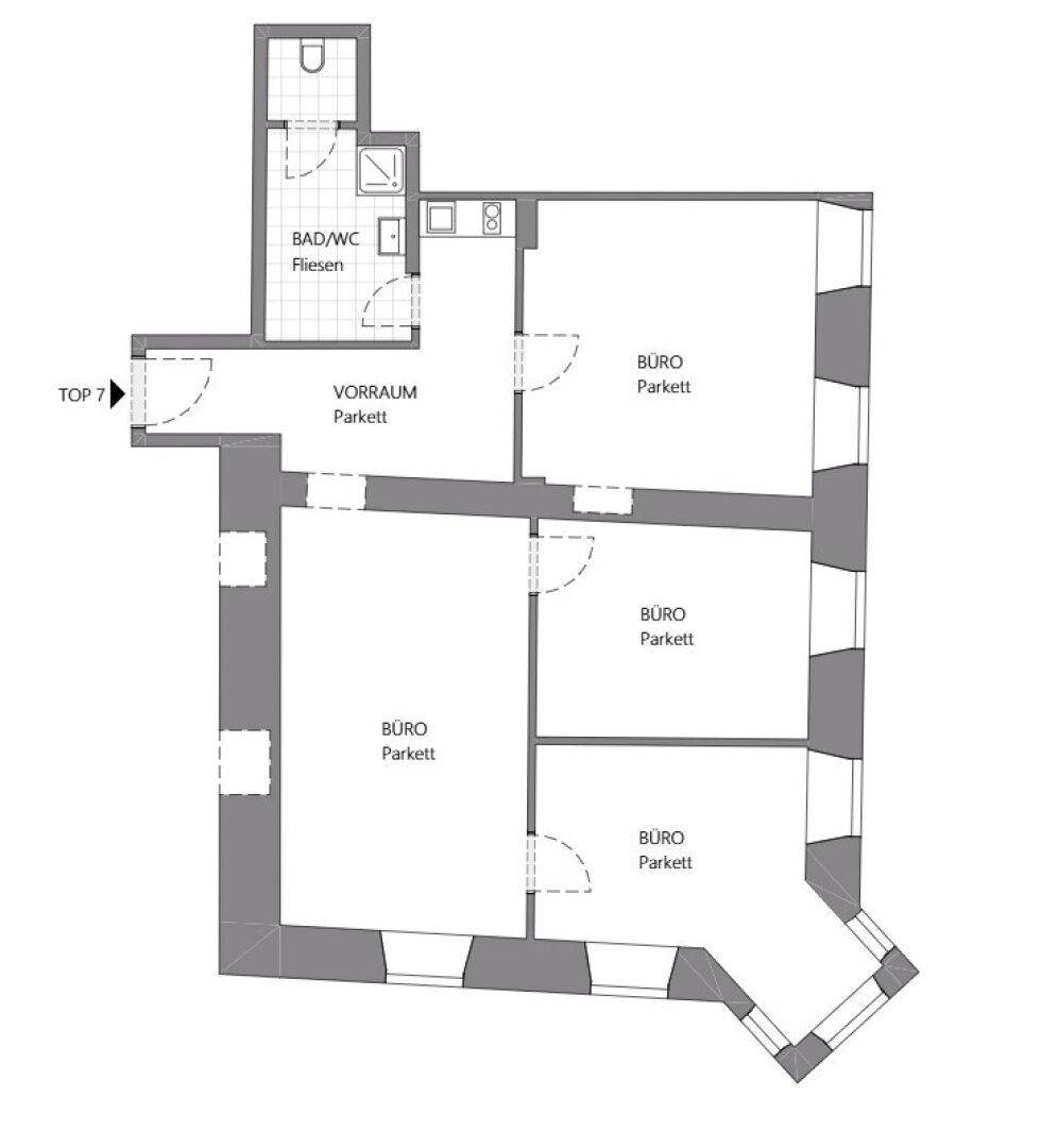 Grundriss einer Wohnung mit mehreren Büroräumen, einem Vorraum und einem Bad.