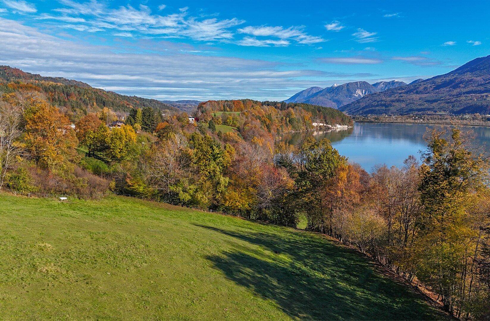 Panoramablick über eine sanfte Wiese auf einen See und die bewaldeten Hänge im Herbstlicht.