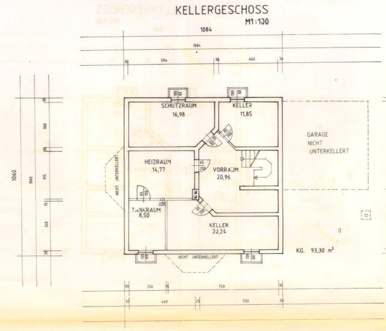 Grundriss des Kellergeschosses mit Heizraum, Vorratsraum und Schutzraum.