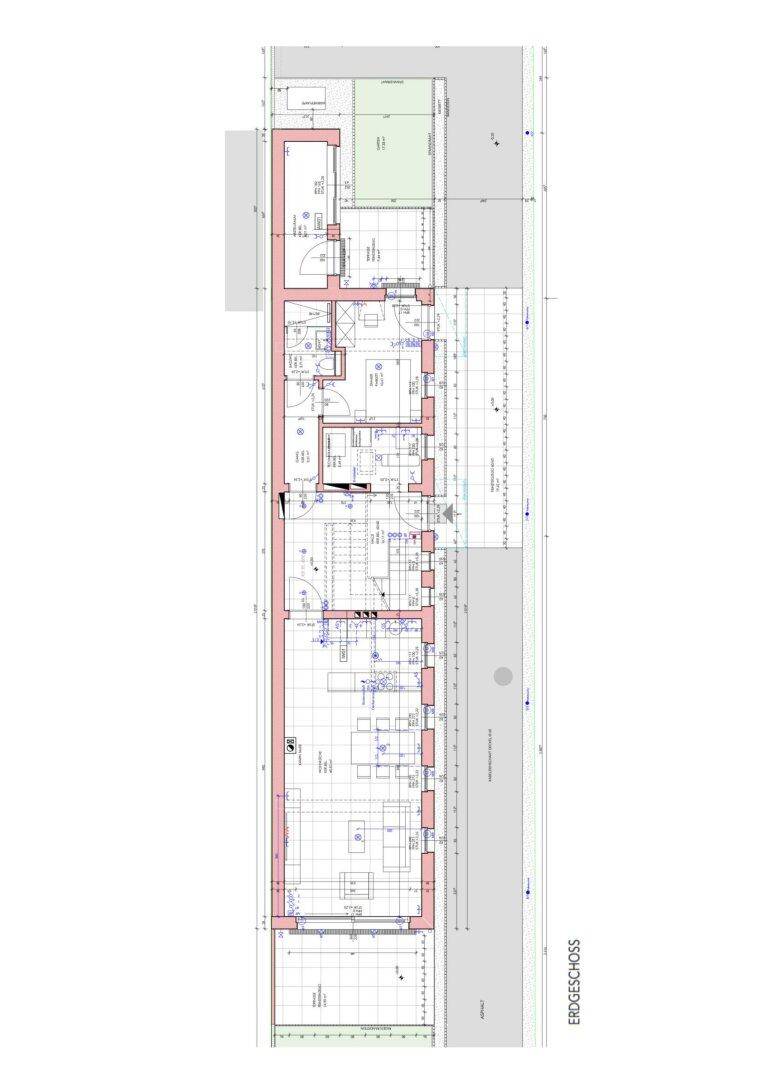 Grundriss des Erdgeschosses mit offenem Wohnbereich, Küche und Zugang zu Garten und Terrasse.