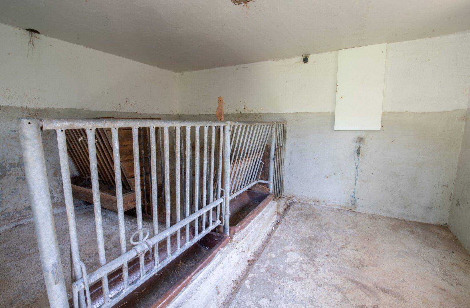 Rustikaler Stallraum mit Futterkrippe und Betonboden, geeignet für Tierhaltung oder als Lagerfläche.