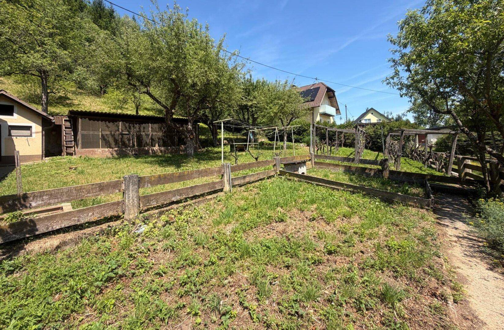Eingezäunter Gartenbereich mit Rasen und Blick auf die umliegende Landschaft und bewaldete Hügel.
