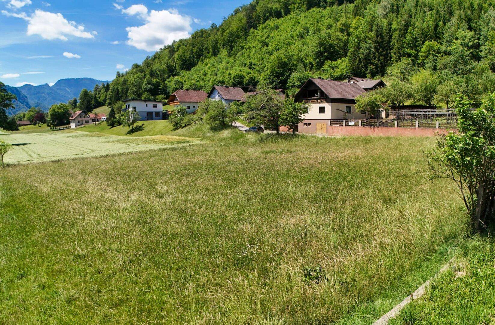Weitläufige Wiesenlandschaft mit Häusern am Hang und bewaldeten Bergen im Hintergrund.
