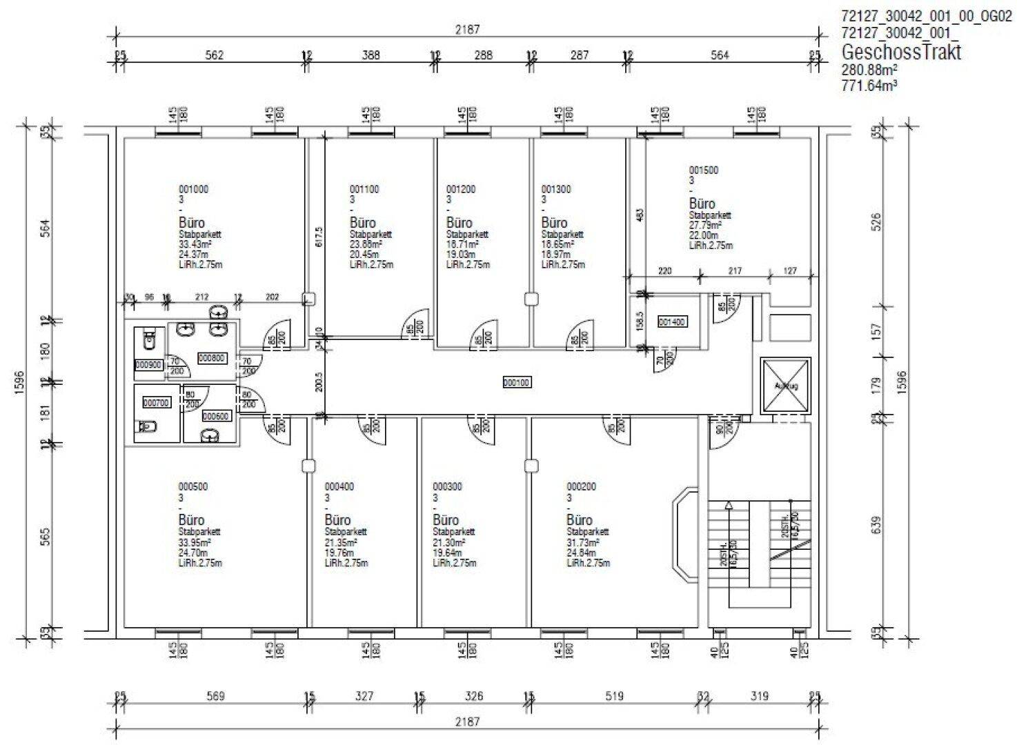 Grundriss eines Geschosstrakts mit mehreren Büroräumen und Sanitäranlagen, Gesamtfläche 280.88m².