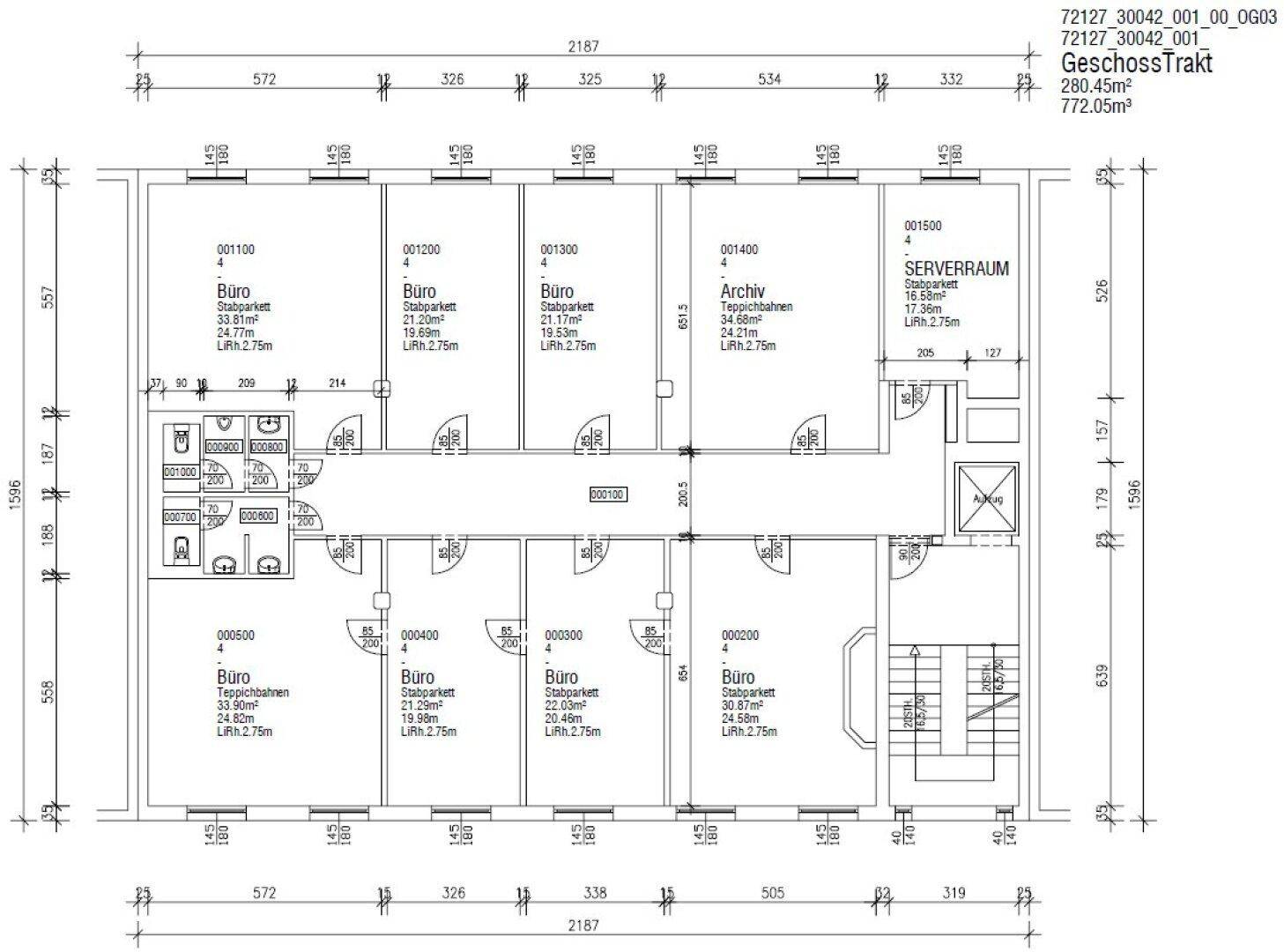 Grundriss eines Geschosstrakts mit Büros, Serverraum und Sanitäranlagen, Gesamtfläche 280.45m².