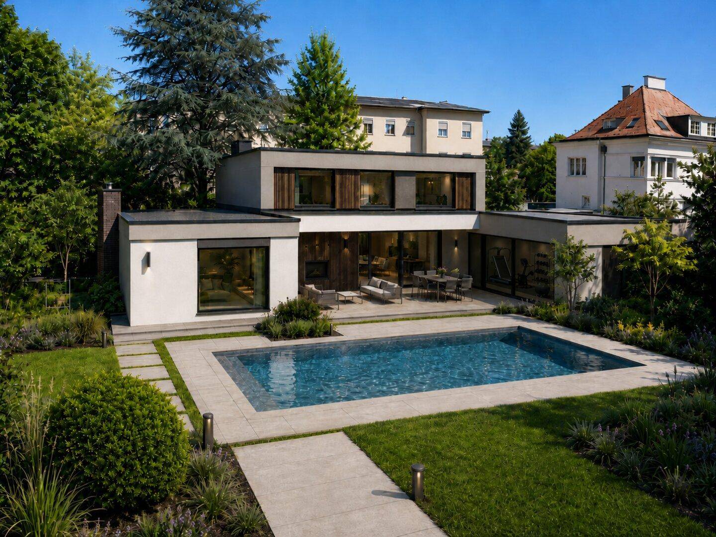 Moderne Villa bei Tag mit großem Pool, Sonnenterrasse und weitläufigem Garten.