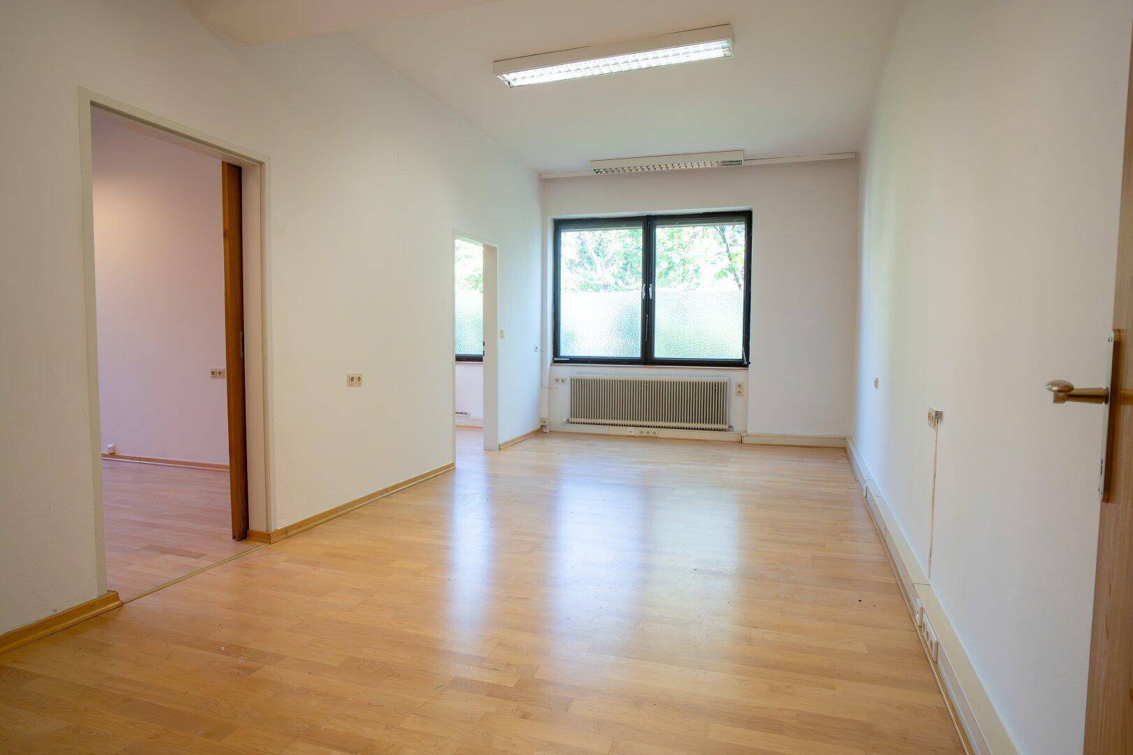 Geräumiges, leeres Büro mit hellem Laminatboden und Fenstern, die viel Tageslicht hereinlassen.