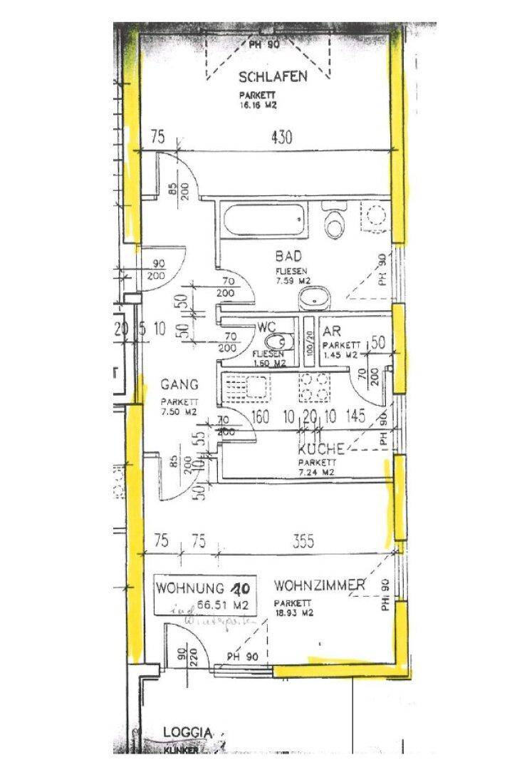 Grundriss der Wohnung 40 mit Schlafzimmer, Bad, WC, Küche und Wohnzimmer.