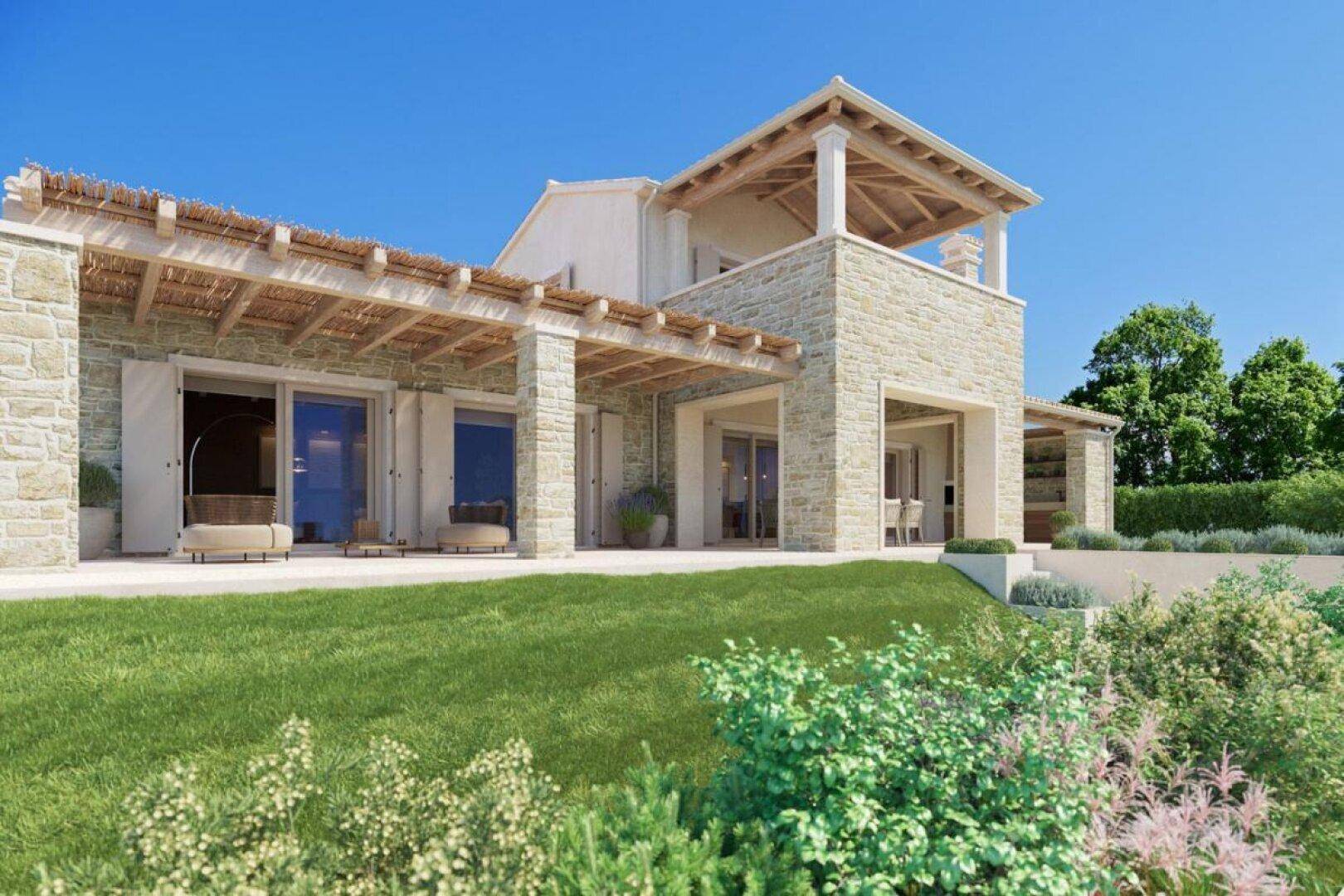 Elegante Villa mit weitläufigem Rasen, überdachten Terrassen und traditioneller Steinarchitektur in sonniger Umgebung.