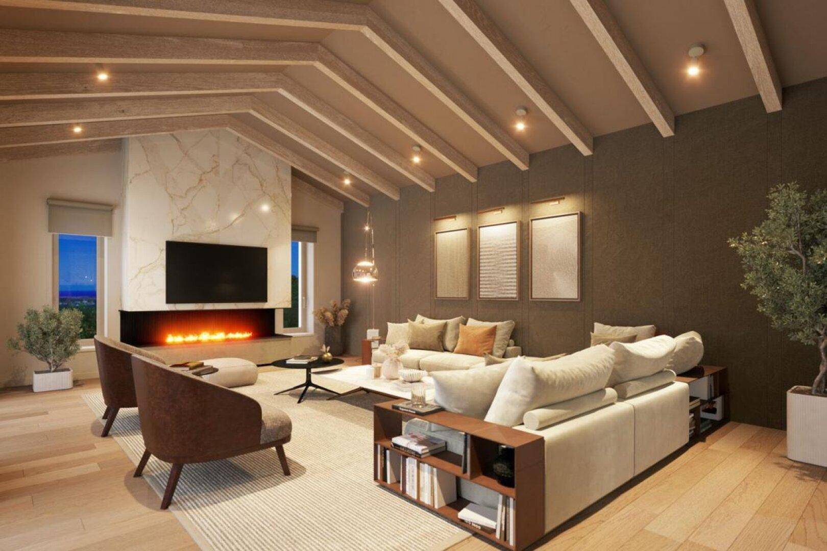 Stilvolles Wohnzimmer mit Kamin, Fernseher und großen Fenstern, die viel Tageslicht hereinlassen.