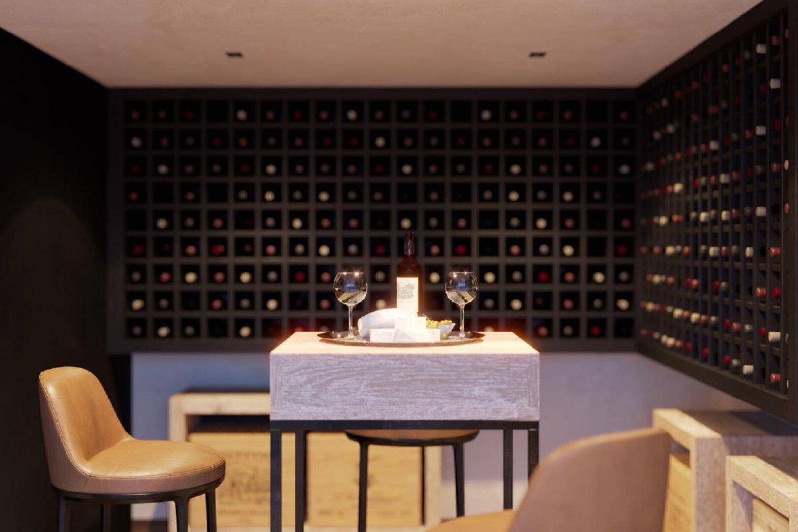 Exklusiver Weinkeller mit umfangreichen Weinregalen, Verkostungstisch und Barhockern für gesellige Abende.
