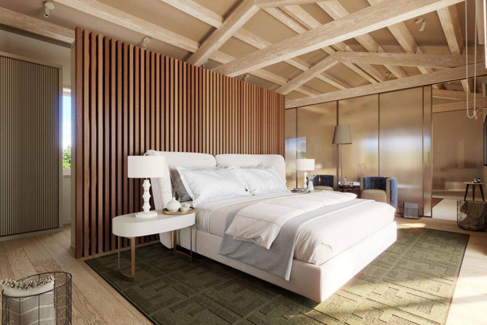 Helles Schlafzimmer mit Holzbalkendecke, Holzwandverkleidung und großem Doppelbett in modernem Design.