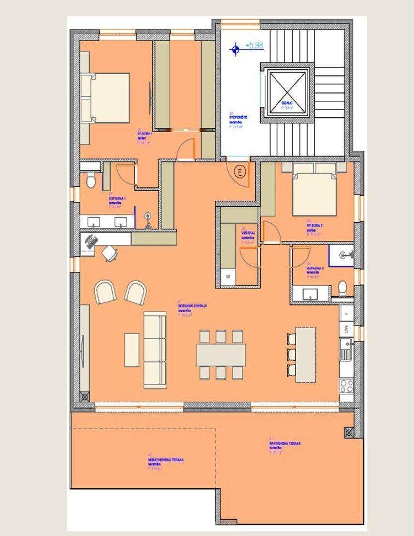 Detaillierter Grundriss einer Wohnung mit zwei Schlafzimmern, offenem Wohnbereich und großer Terrasse.