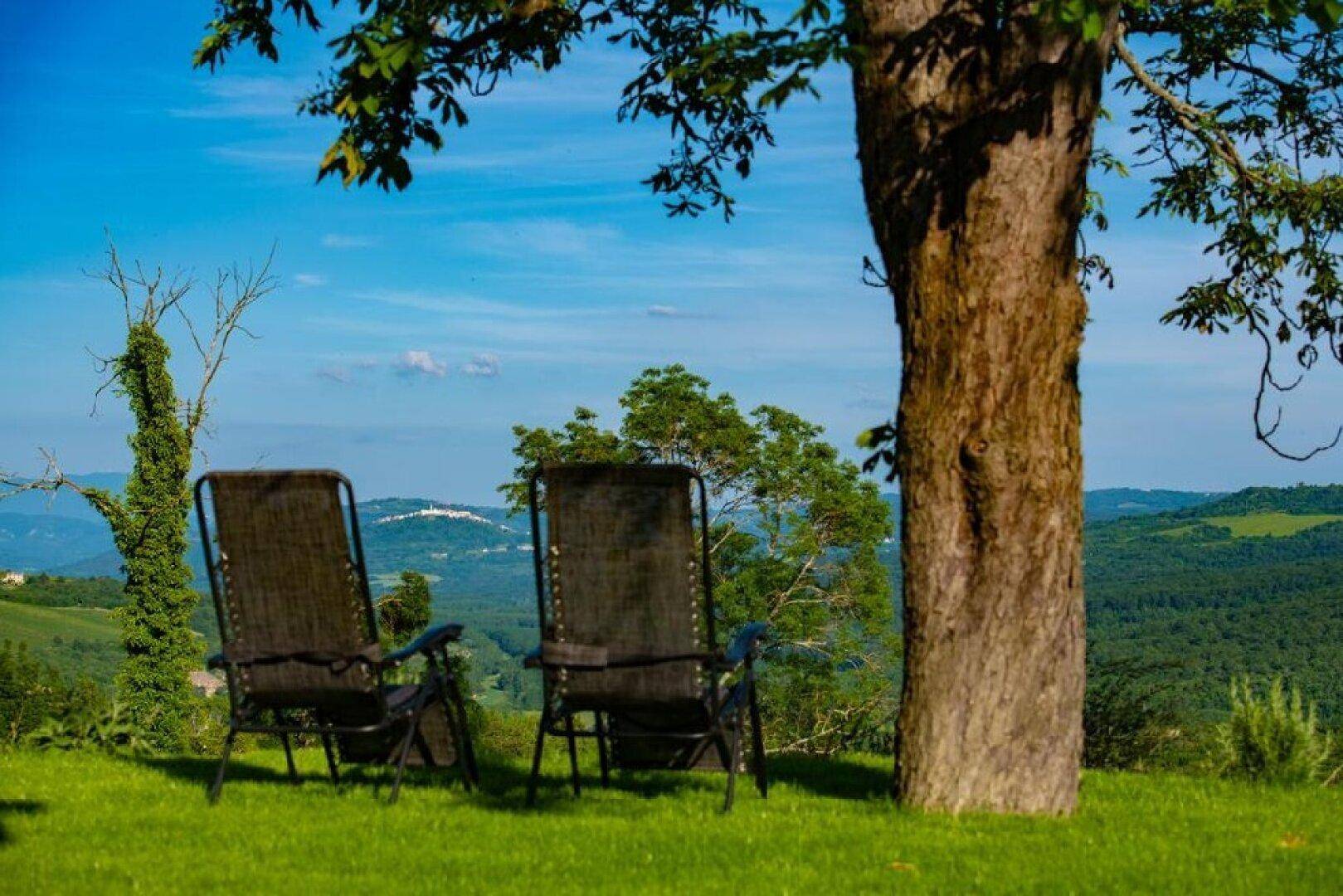 Zwei Gartenstühle unter einem Baum mit weitem Blick über die grüne Landschaft.
