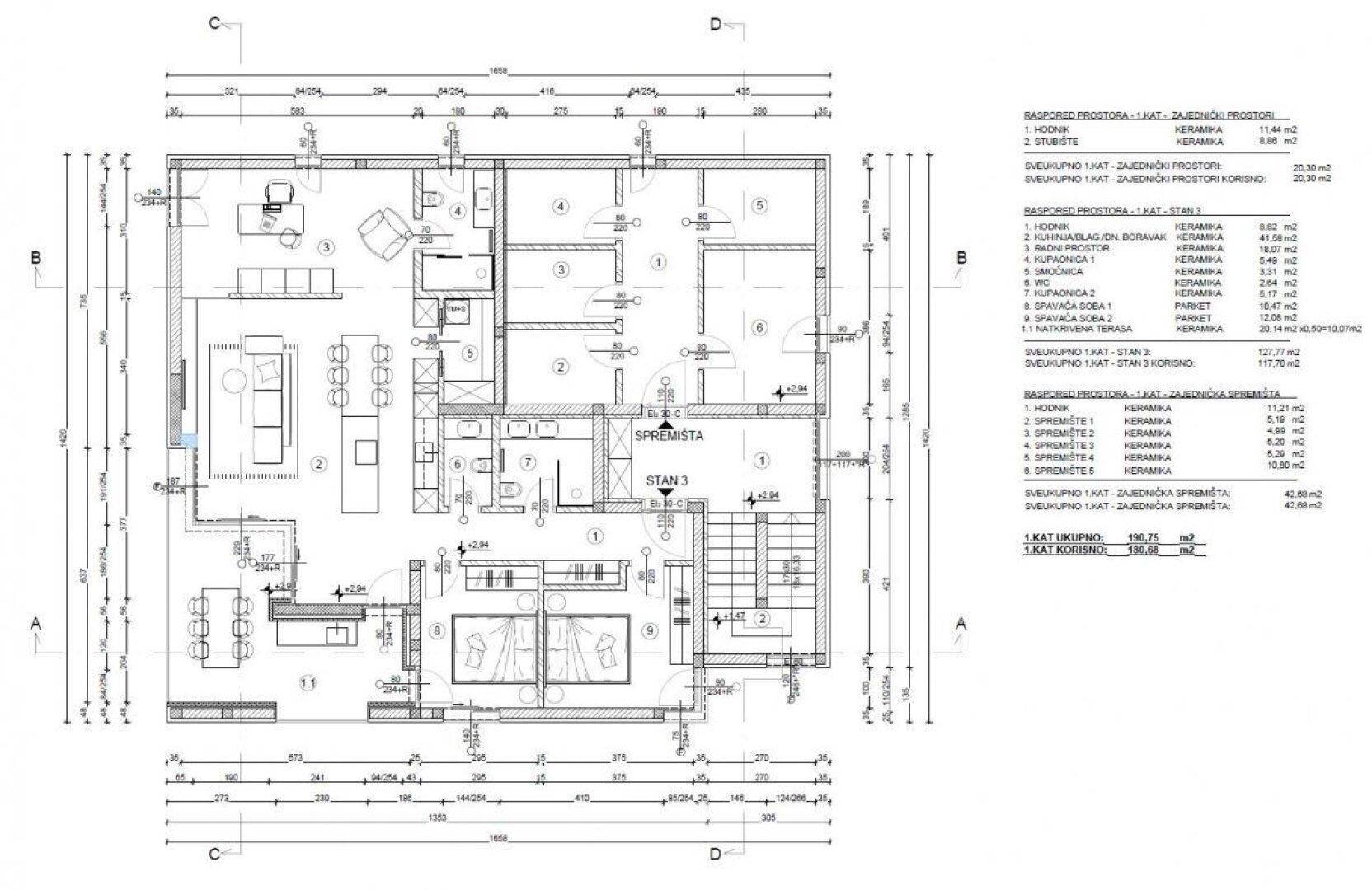 Detaillierter Grundrissplan mit Raumaufteilung, Maßen und Möblierungsvorschlägen.