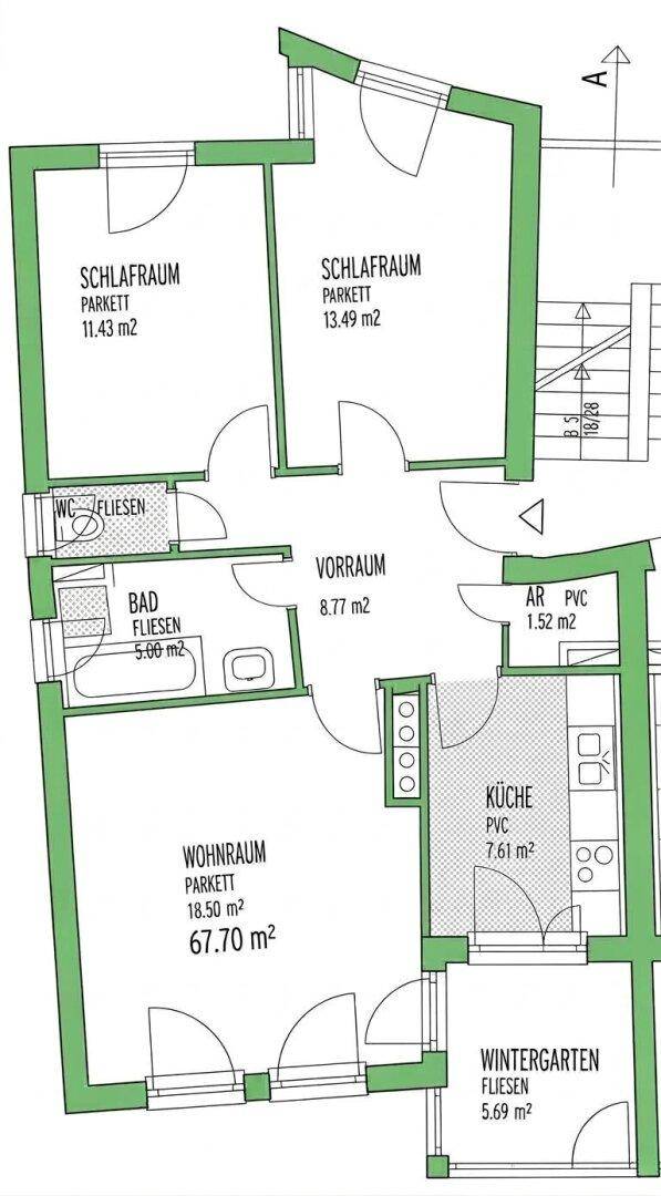 Detaillierter Grundriss der Wohnung mit Raumaufteilung und Flächenangaben für jeden Bereich.