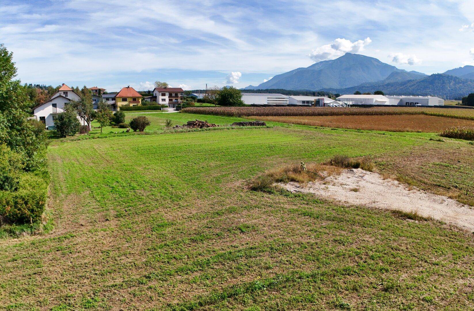 Weitläufiges grünes Grundstück mit Fernblick auf Berge und angrenzende Gebäude.