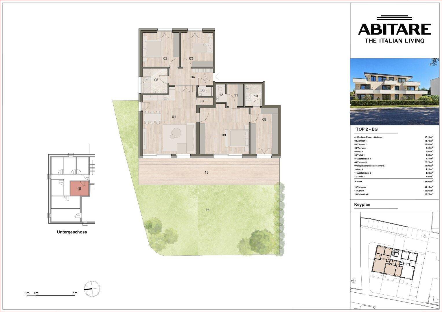 Grundriss der Erdgeschosswohnung mit Terrasse und Gartenbereich, zeigt eine offene Raumaufteilung.