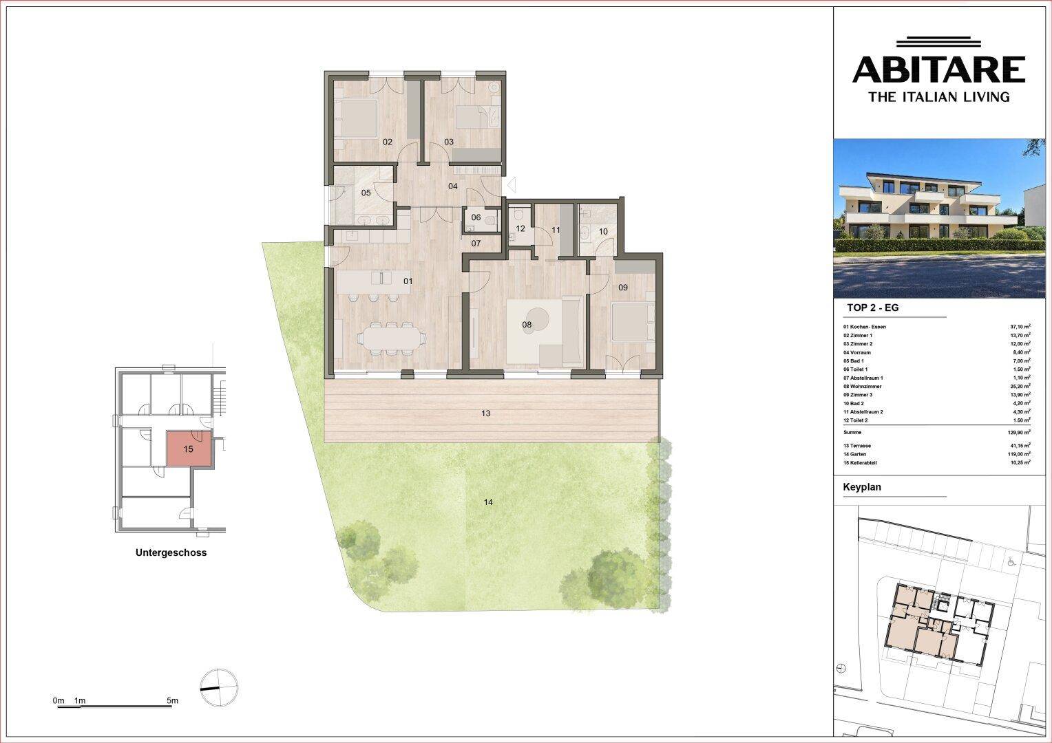 Detaillierter Grundriss der Erdgeschosswohnung mit klarer Raumaufteilung, inklusive Terrasse und Garten.