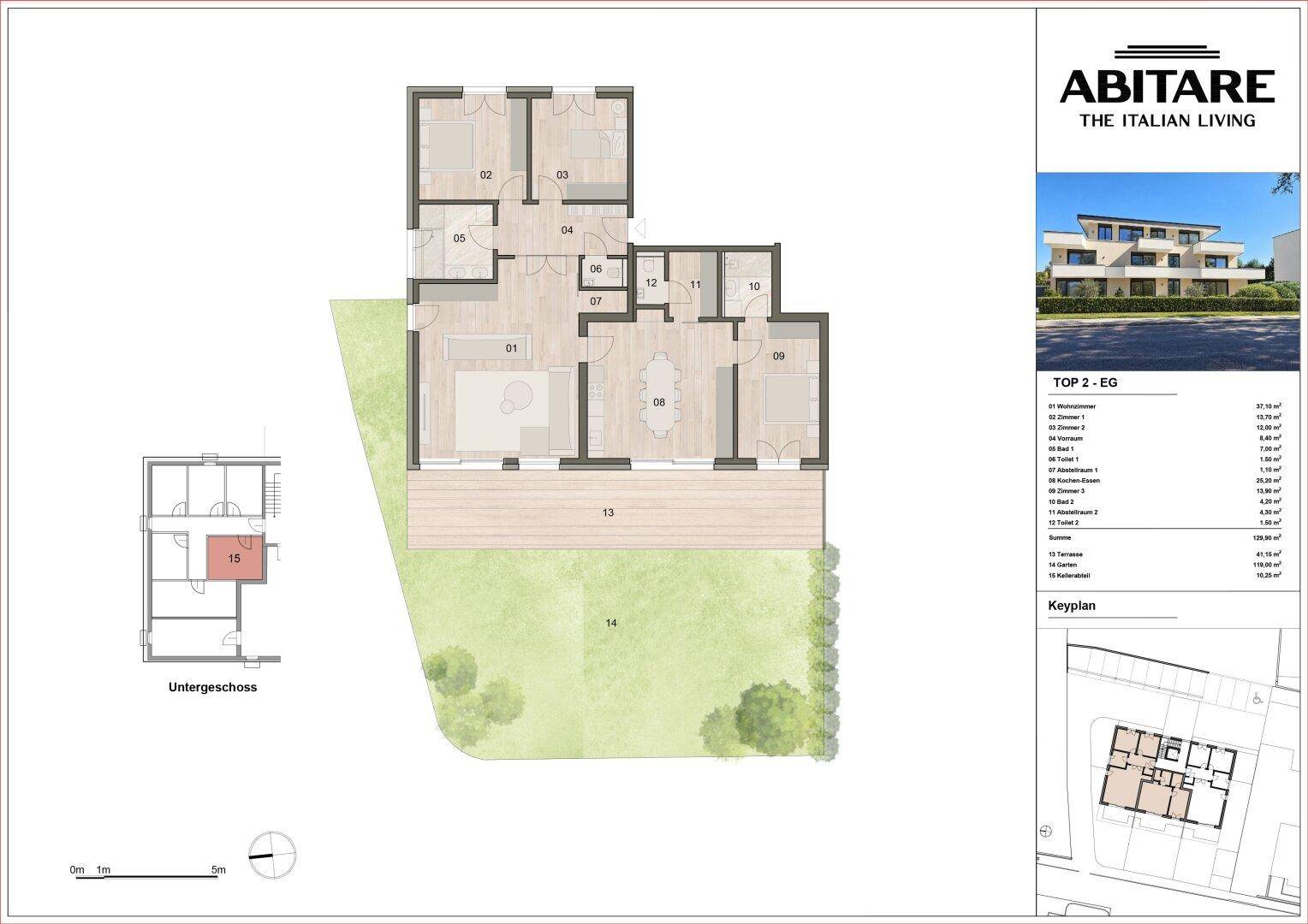 Übersichtlicher Grundriss der Erdgeschosswohnung mit angrenzendem Garten und großzügiger Terrasse.