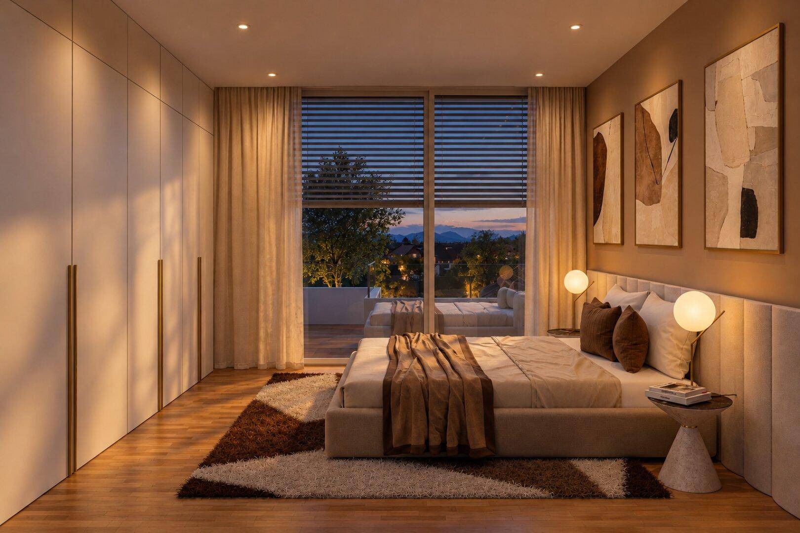 Modernes Schlafzimmer mit Holzboden, Einbauschränken und Zugang zu einem Balkon mit Fernblick.