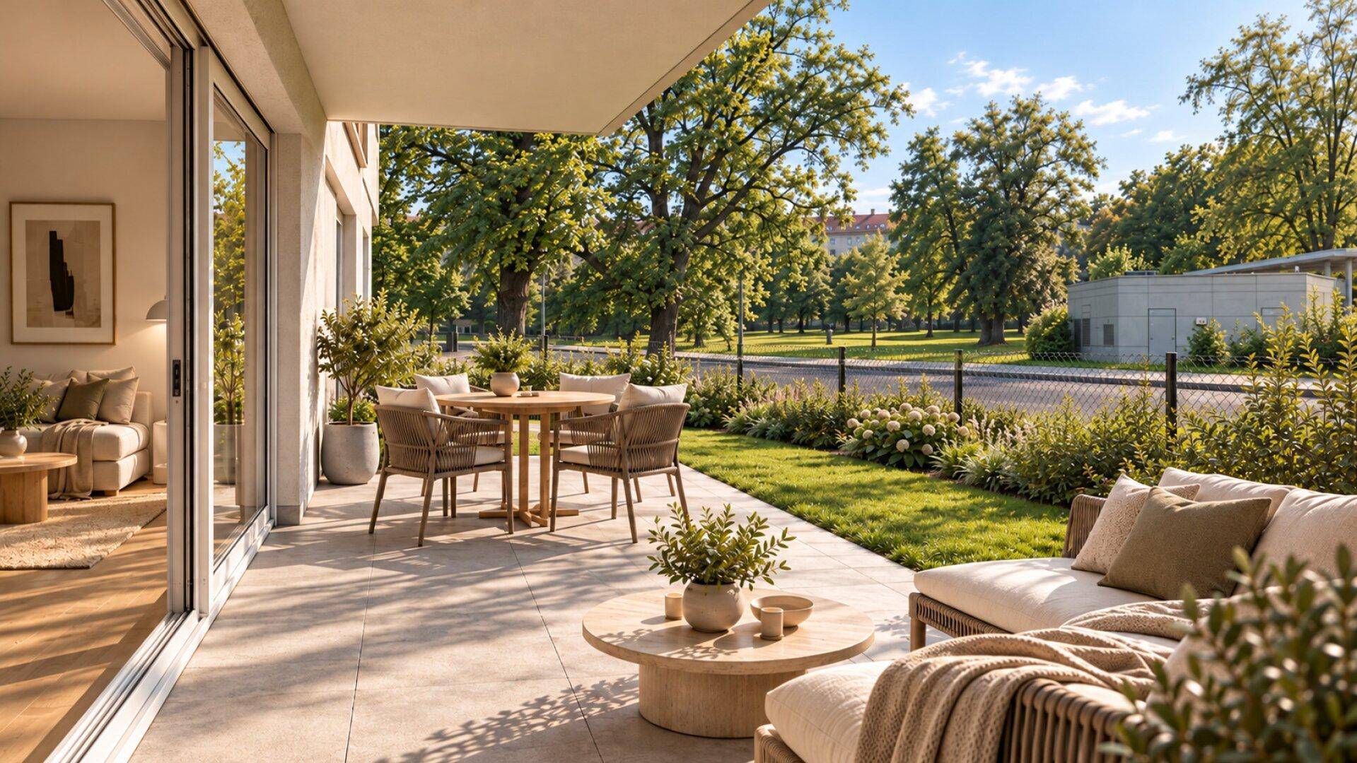 Große, möblierte Terrasse mit Blick ins Grüne und direktem Zugang zum Gartenbereich der Wohnanlage.