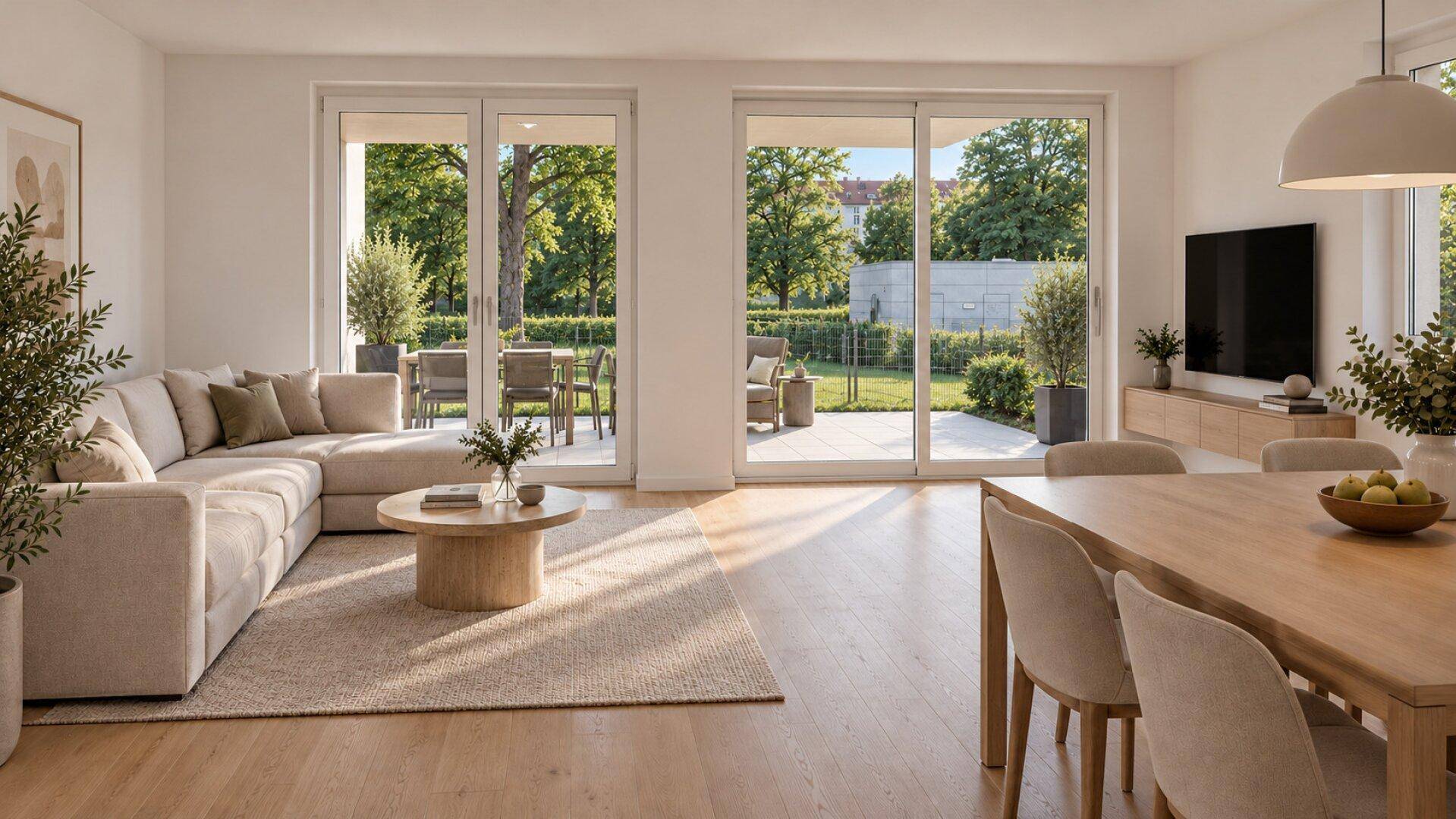 Geräumiger Wohn- und Essbereich mit viel Tageslicht und direktem Zugang zur Terrasse und Garten.