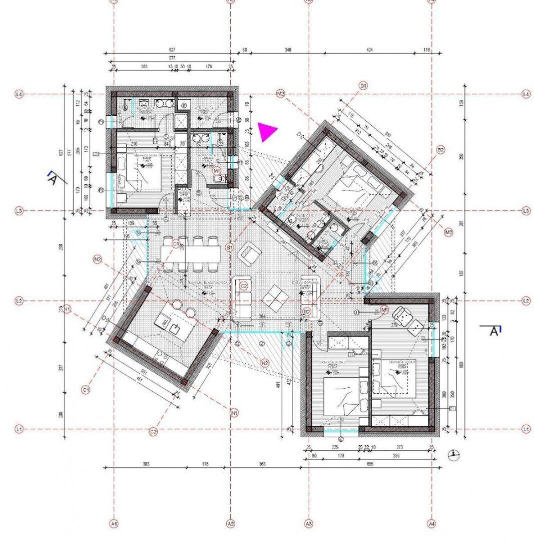 Detaillierter Grundriss mit Raumaufteilung, Möbeln und Bemaßungen für eine moderne Wohneinheit.