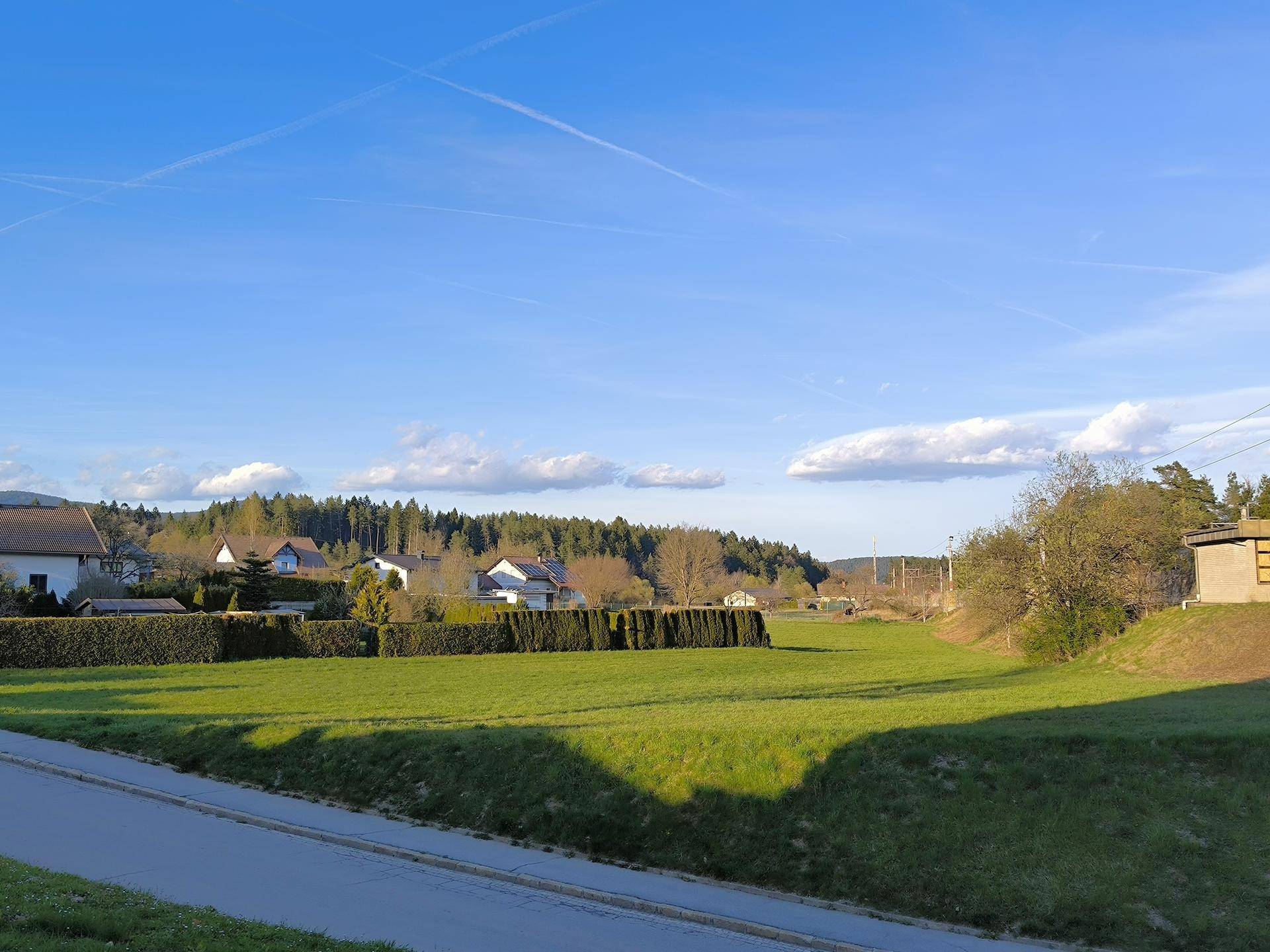 Grüne Landschaft mit Häusern, Wald und einer Straße im Vordergrund unter einem weiten blauen Himmel.